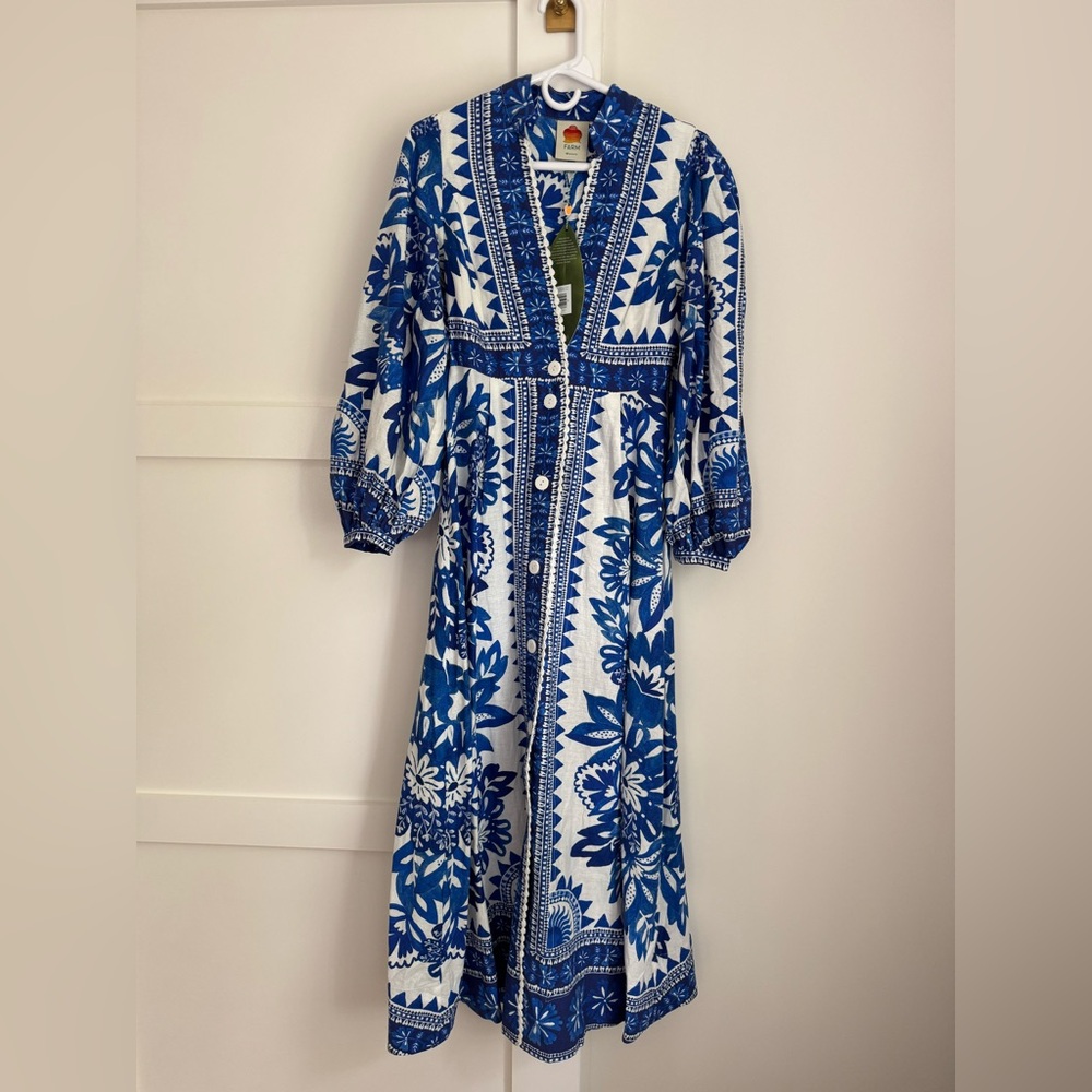Farm Rio Flora Tapestry printed linen-blend maxi dress in blue and white.